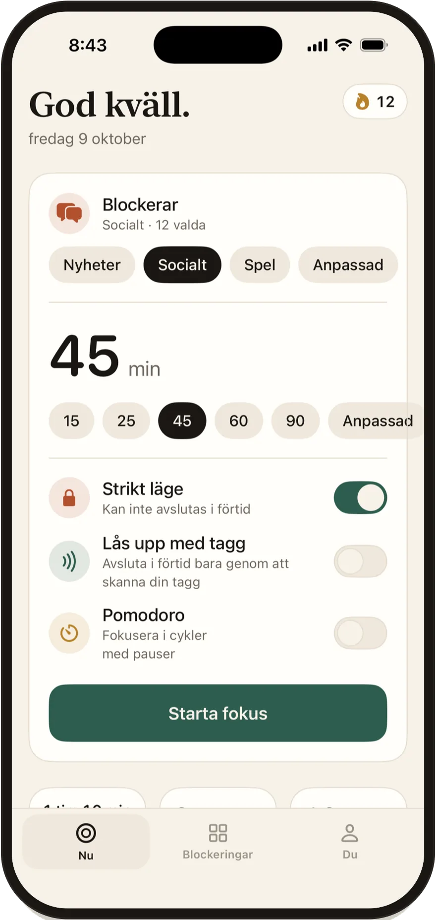 Startskärmen i FlowState med reglage för strikt läge, Lås upp med tagg och Pomodoro.