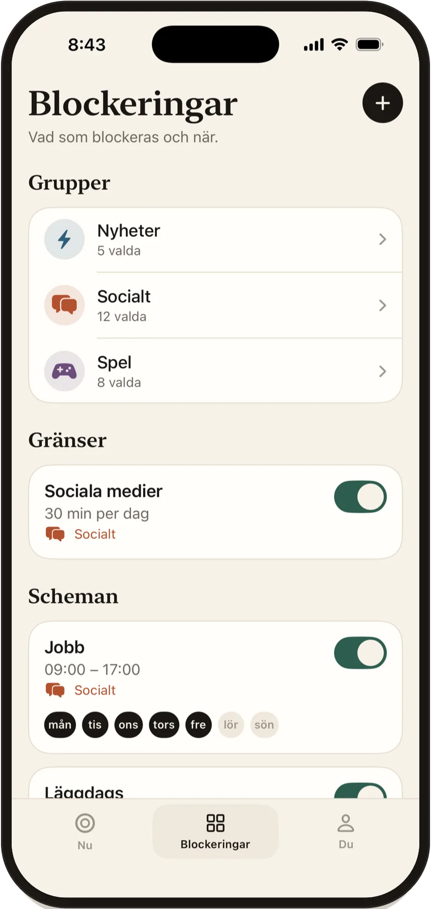Skärmen Blockeringar i FlowState med en lista över grupper, gränser och scheman.