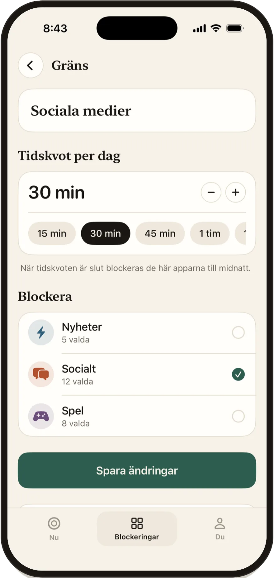 Redigeraren för daglig gräns i FlowState, inställd på 30 minuter.