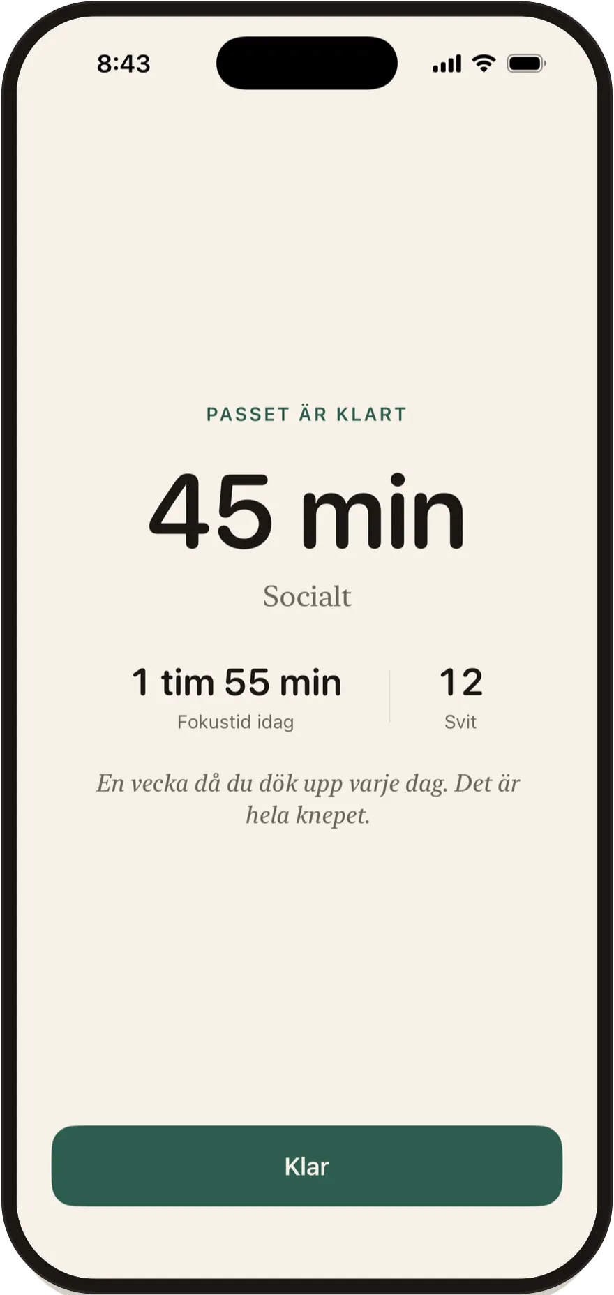 Skärmen för avslutat pass i FlowState som visar ett pass på 45 minuter.