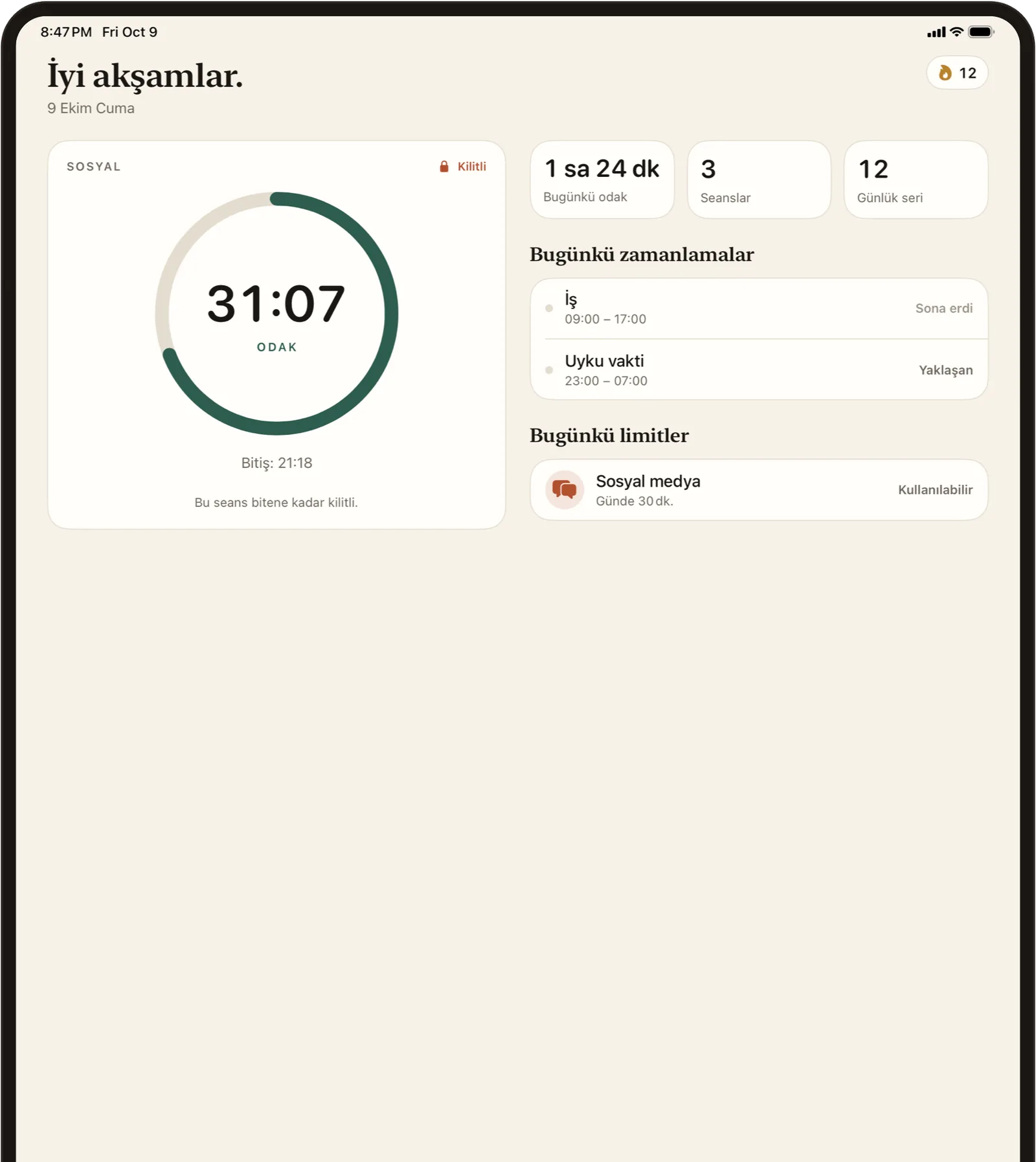 iPad'de FlowState: odak sayacı, bugünün zamanlamaları ve limitleri yan yana.