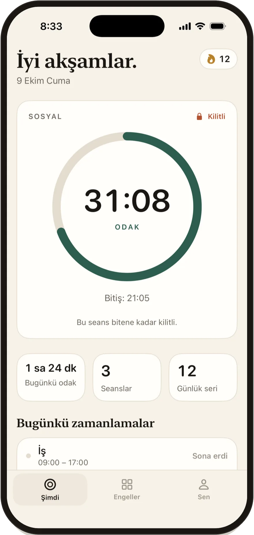 iPhone'da FlowState: 30 dakikası kalan bir odak seansı, sosyal uygulamalar kilitli.