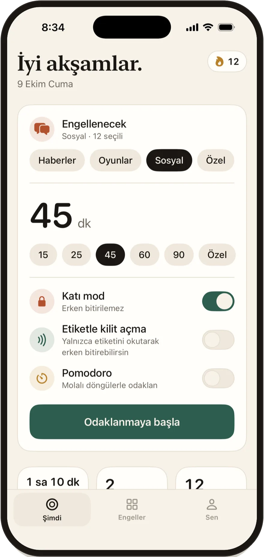 Katı mod, Etiketle kilit açma ve Pomodoro anahtarlarıyla FlowState başlangıç ekranı.