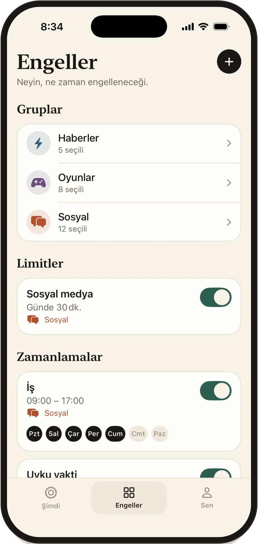 Grupları, limitleri ve zamanlamaları listeleyen FlowState Engeller ekranı.