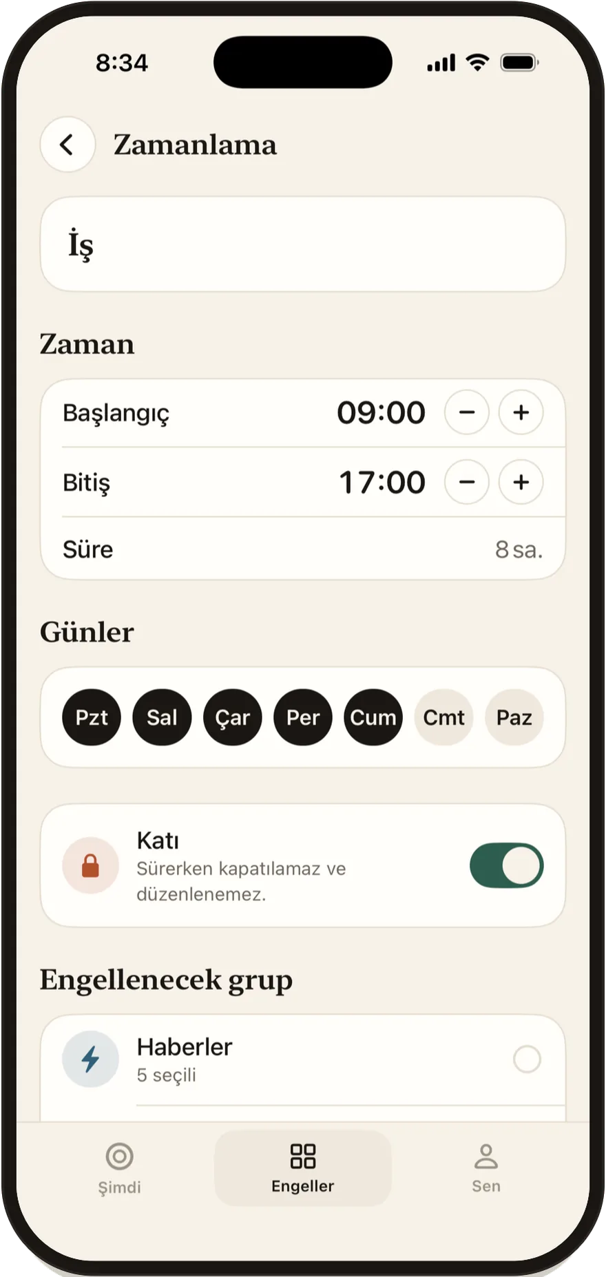 Başlangıç ve bitiş saatleri ile haftanın günlerini gösteren FlowState zamanlama düzenleyicisi.