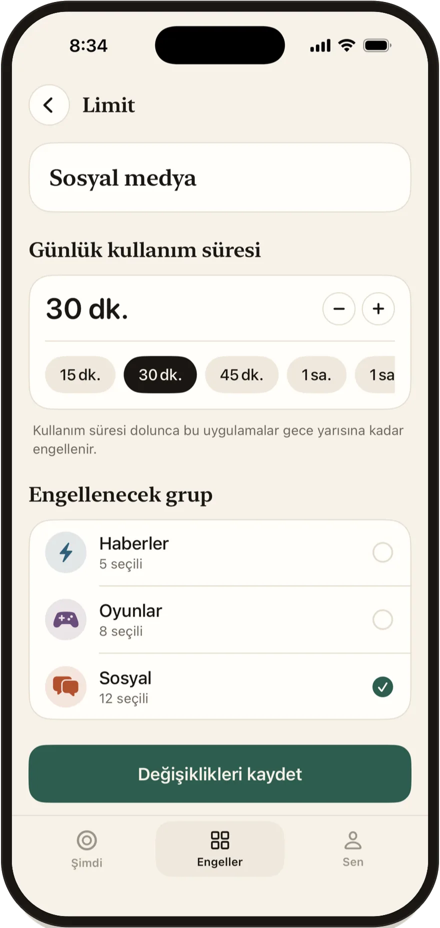 30 dakikaya ayarlanmış FlowState günlük limit düzenleyicisi.