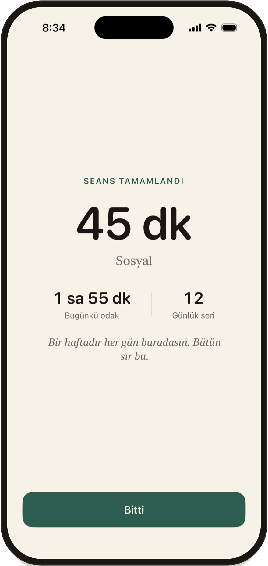 45 dakikalık bir seansı gösteren FlowState seans tamamlandı ekranı.